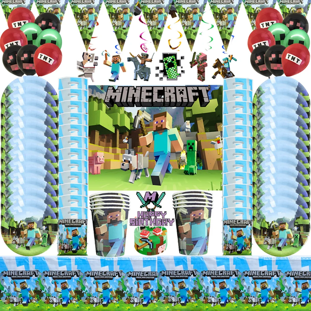 

Miner Crafting Pixel Game Birthday Party Decoration Kids Disposable Tableware Set Paper Cups Plates Balloon Baby Shower Supplies