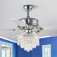 52-Inch Crystal Chandelier Ceiling Fan with Remote, AC 3-Speed, Reversible, Timing Option, Chrome and Wood Blades