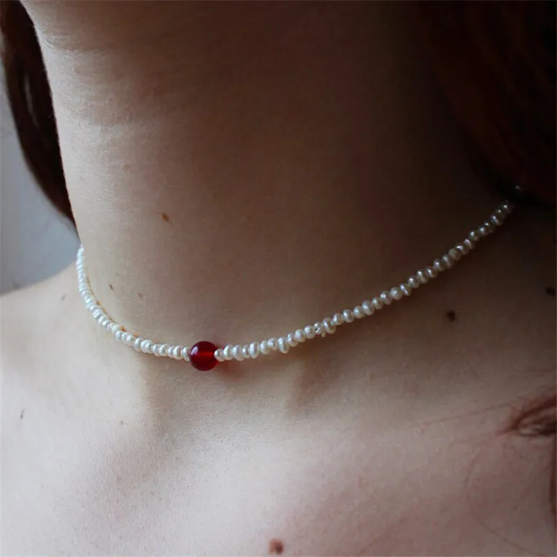 14K Gold Filled Natural Pearls Necklace Vintage Garnet Choker Handmade Pendants Tarnish Resist Necklace Wedding Jewelry