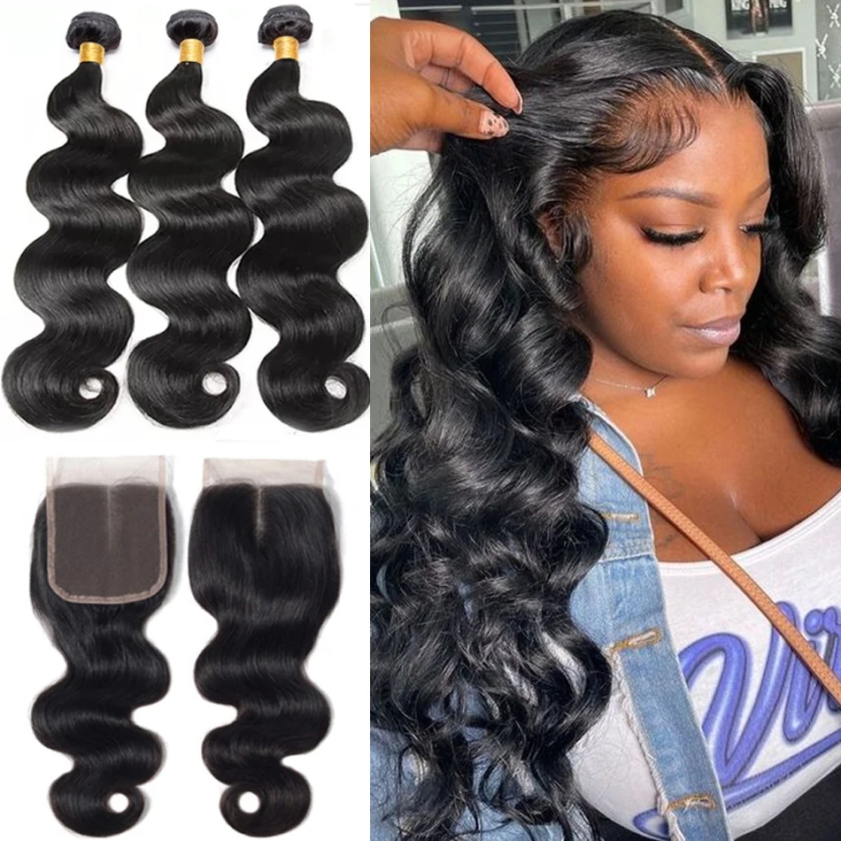 

12A Body Wave Bundles With Closure 4x4 TOP Lace Peruvian Raw 100% Unprocessed Human Hair Weave Bundles With Frontal Extensions