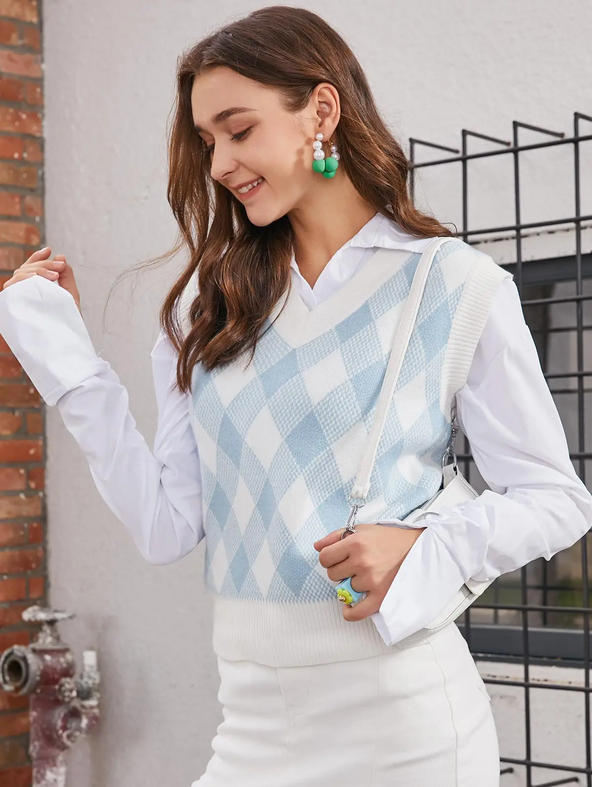 

ZAFUL Argyle Ribbed Trim V Neck Vest Sweater Girls Sleeveless Jumper Sweater College Aesthetic