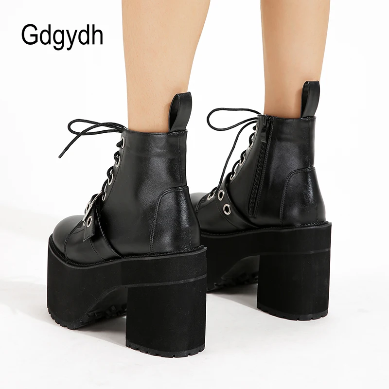 Gdgydh Womens Gothic Style Platform Combat Boots Buckle Front Tie Short Boots Street Slope Punk Mid Calf Boots Chunky Heels