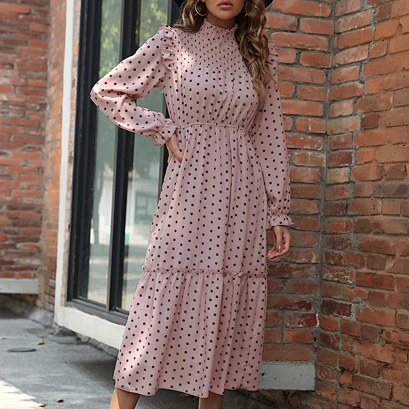 

DUYIT Fashion Pink Long Sleeve Polka Dot Dress Autumn New Women's Half Turtleneck Fungus Edge Elastic Elastic Waist Long Dress