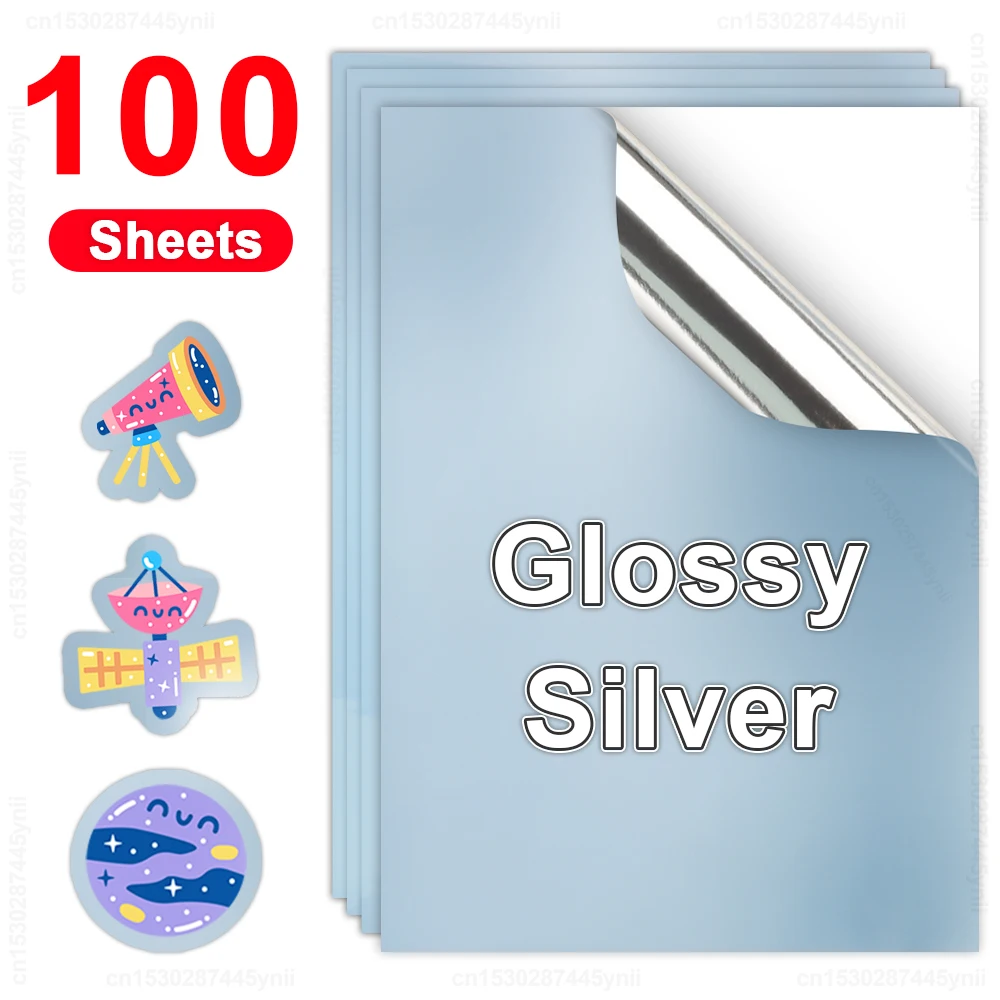 

100Sheets Glossy Silver Printable Vinyl Sticker Paper Waterproof Adhesive Glossy White Transparent Copy Paper for Inkjet Printer