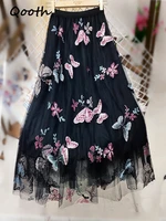 qooth 2022 spring heavy industry butterfly embroidered mesh skirt womens high waist mid length a line skirt qt1690