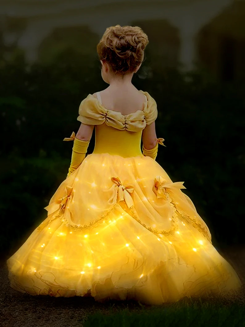 Uporpor LED Girls Beauty and the Beast Cosplay Princess Dress For Kids Halloween Carnival Children Christmas Belle Clothes Dress