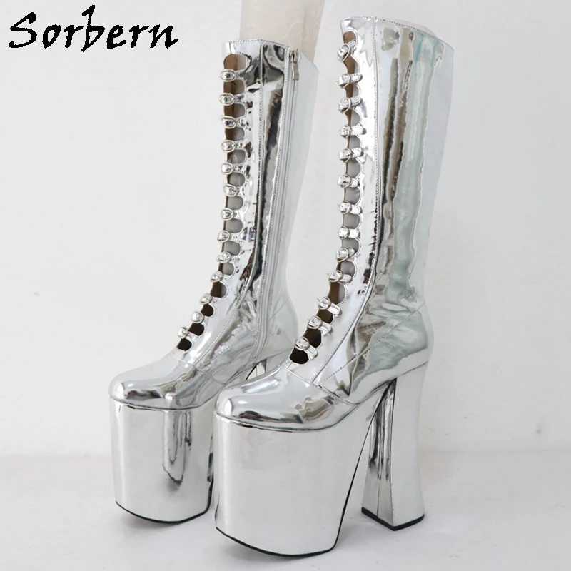 Sorbern Metallic Block Heel Boots Women Knee High Drag Queen Shoes Thick Platform Fetish High Heels Round Toe Hollow Out Front
