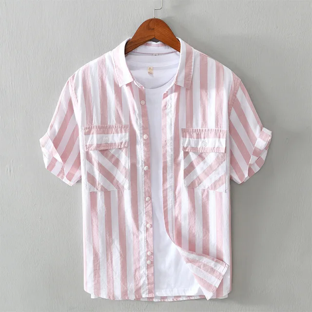

Men Arrival Short Sleeve Striped 3 Color Double Chest Pockets Japan Refreshing Pure Cotton Comfortable Casual Shirts