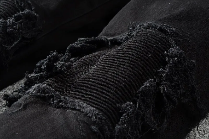 Men's Aged Black Denim Pants Streetwear Boys Y2k Fashion Slim Fit Distressed Baggy Scratched Patches Skinny Stretch Ripped Jeans