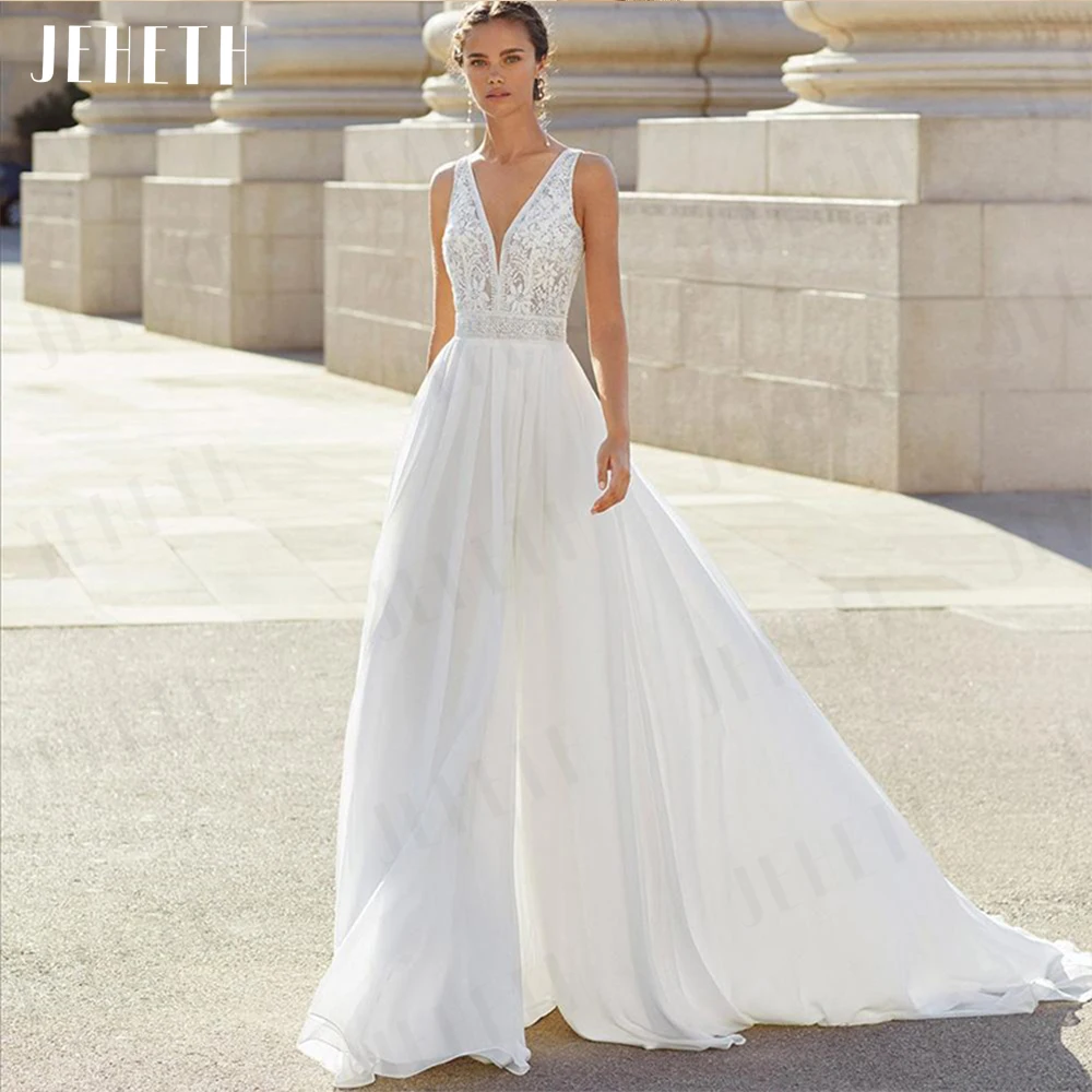 

JEHETH богемные Свадебные платья кружевные с разрезом женские свадебные платья с аппликацией с V-образным вырезом Иллюзия сзади шифоновое платье без рукавов Богемные свадебные платья с кружевным разрезом Женские сваде