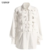 uspop brand designer sexy high quality hollow cotton long sleeved shirt women autumn loose top