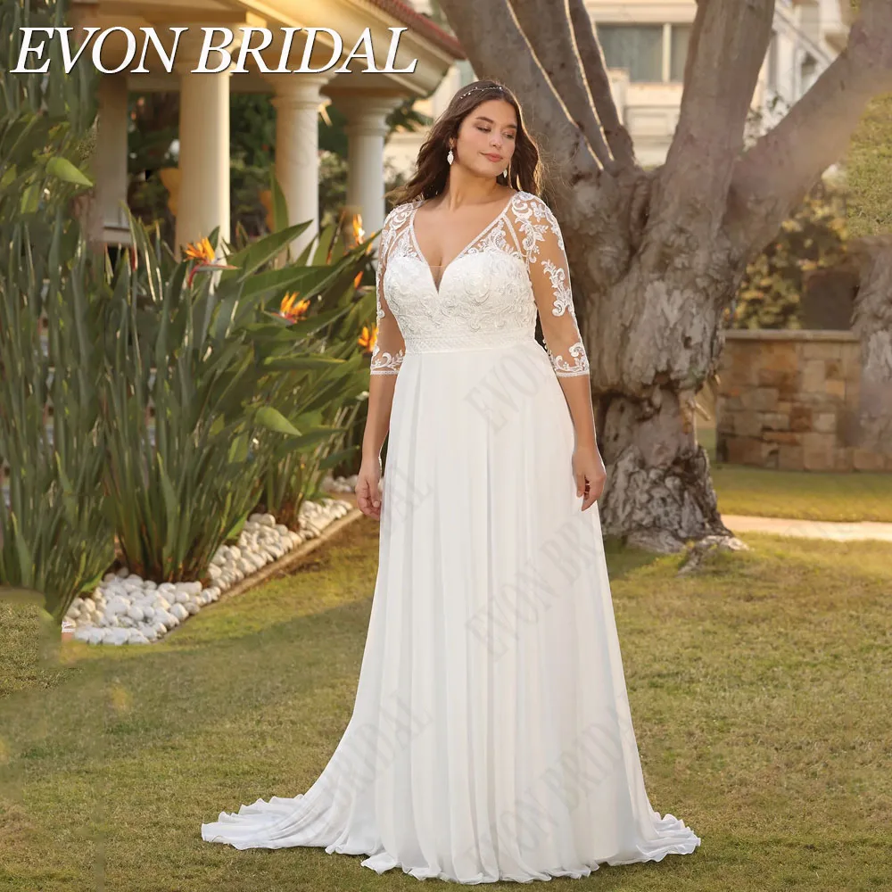 Фото Женское шифоновое платье EVON, с V-образным вырезом и рукавом 3/4EVON BRIDAL Civil 3 / 4 Одежда невесты Свадебное платье V - воротник Свадебное платье De Mariee A - Line №4