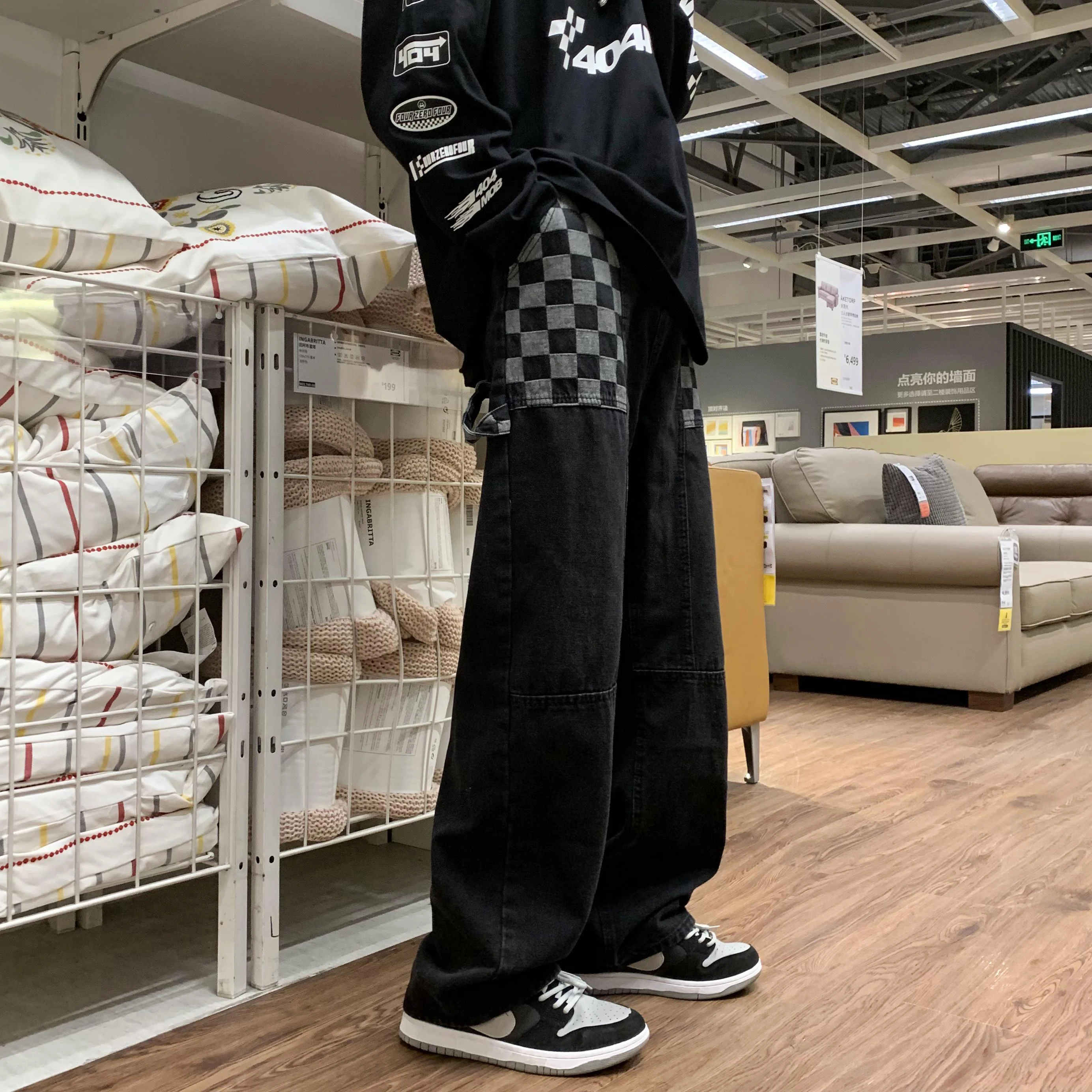 Retro Printed Denim Trousers Men's High Street Wide Leg Pants Street Loose Casual Jeans