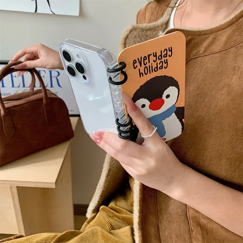 Cartoon Animal Coil Laptop Penguin cover for iPhone 16Pro 15Pro 14 Pro 13 Max Cute Bear clamshell acrylic card phone case