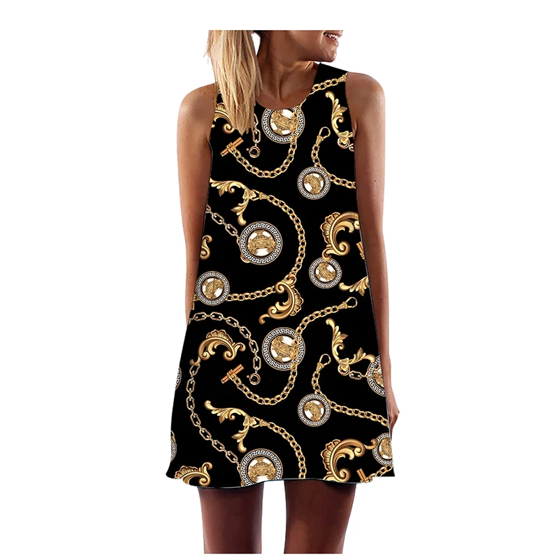 Женский сарафан без рукавов с круглым вырезом летнее свободное платье в стиле