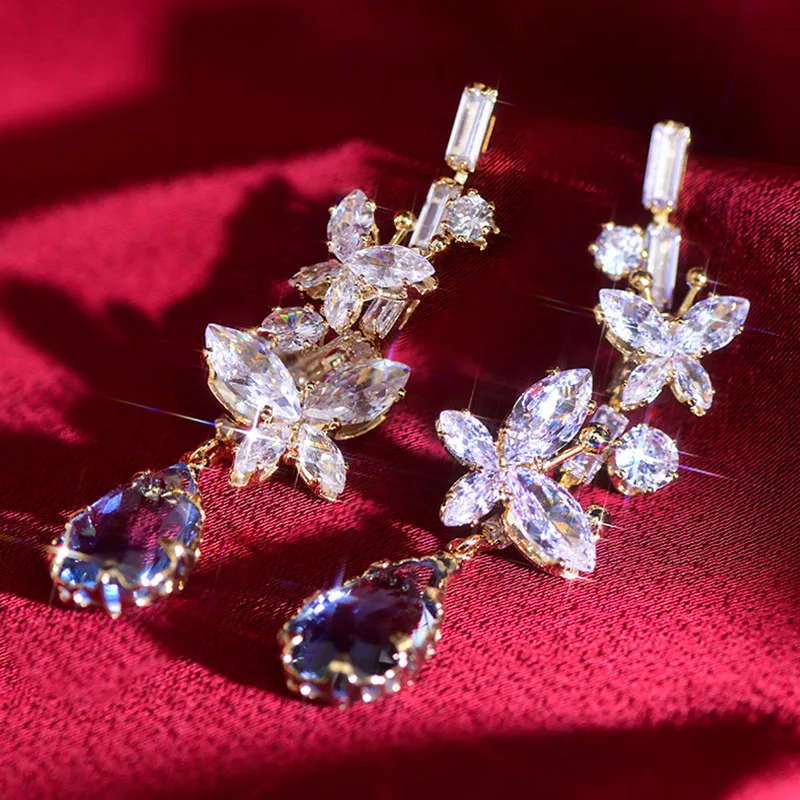 

AAA Zircon Luxury Butterfly Blue Water Drop Tear 14k Real Gold Plated Dangle Earrings Exquisite Sweet Design Unique Jewelry Gift