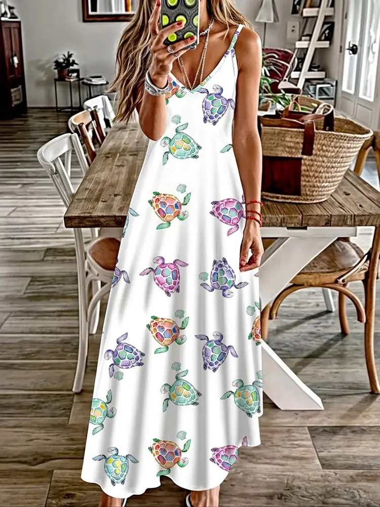 Женское вечернее платье без рукавов с V-образным вырезом и принтом морской