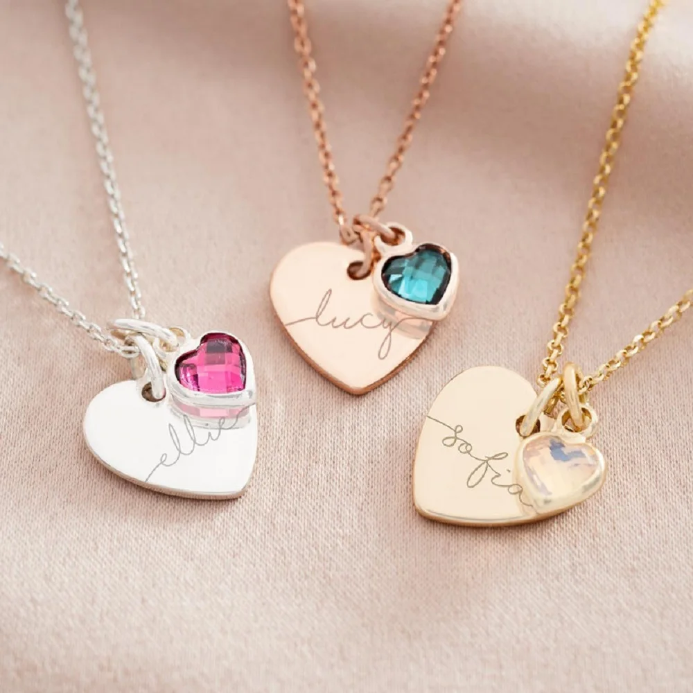 

Esme Heart and Heart Birthstone Personalised Name Necklace Custom Engraved Jewellery Stainless Steel Love Pendant Gift For Women