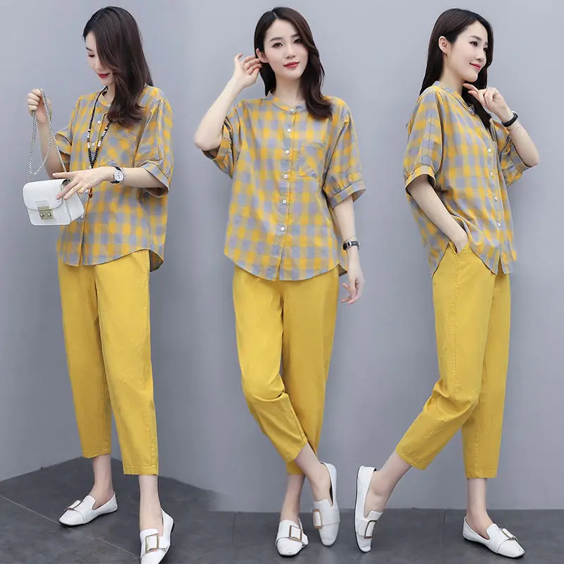 Ladies Spring Summer Casual Print 2 Piece Retro Short Sleeve O Neck Pullover Top and Pocket Solid Trousers Suit Women Loose Sets