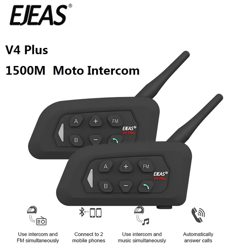 EJEAS V4 Plus Bluetooth Motorcycle Helmet Intercom Headset with 1500M BT 5.1 Interphone Communicator for 4 Riders Headphone