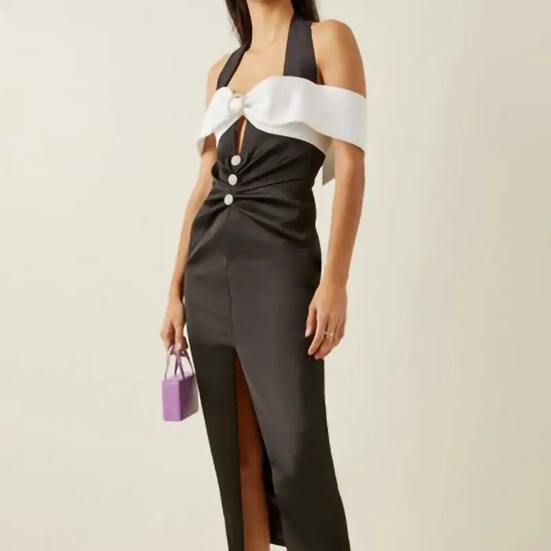 

Designer Fashion Women's Dress Sleeveless Backless Bow Patchwork Halter Pencil Dresses Female Dress Stitching Midi Dress S3328