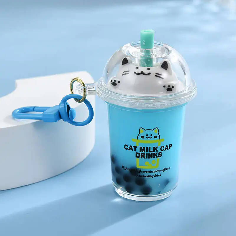Creative Cute Cup Cat Pearl MilkM чай Keychain сетки красный поток бутылка с песком цепочка
