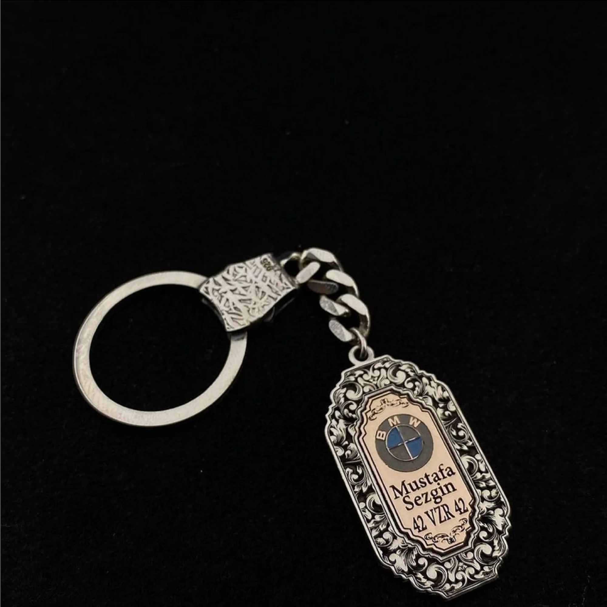 925 Sterling Silver Car Keychain Decorated With Engraved Text Personalized Rectangle Keychain