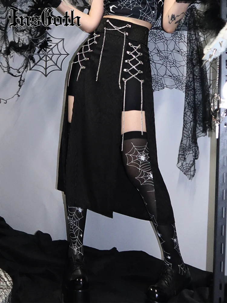 InsGoth Y2K القوطية سلسلة الجنية الجرونج التنانير الطويلة للنساء الجمالية موضة 2022 الملابس Harajuku الأسود الصيف ايمو تنانير طويلة