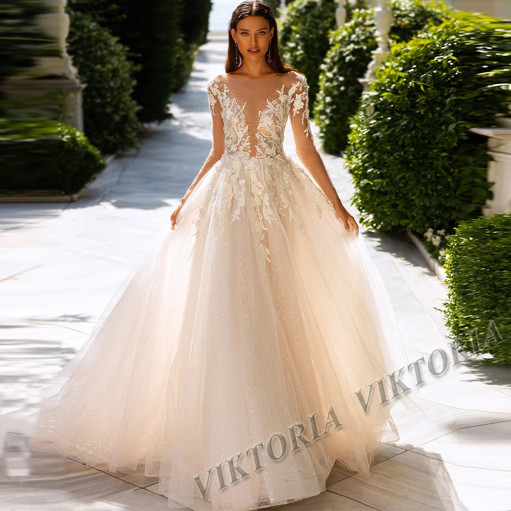 

VIKTORIA Shining Wedding Dresses Sequins O-Neck Long Sleeves Backless For Bride A-LINE Appliques Vestido De Novia Custom Made
