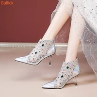 rhinestone air mesh ankle boots metal stiletto heel patent leather pointed toe back zipper gold silver women sexy sandals boot