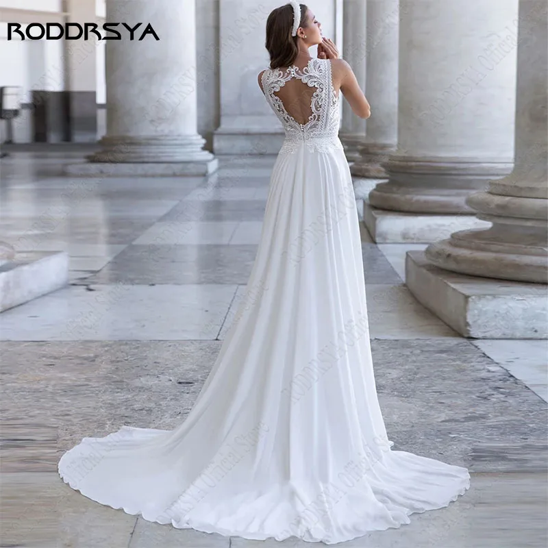RODDRSYA Chic Chiffon Wedding Dresses High Slit Appliques Illusion robe de mariée bohème Lace Princess Bridal Gowns Custom Made images - 6