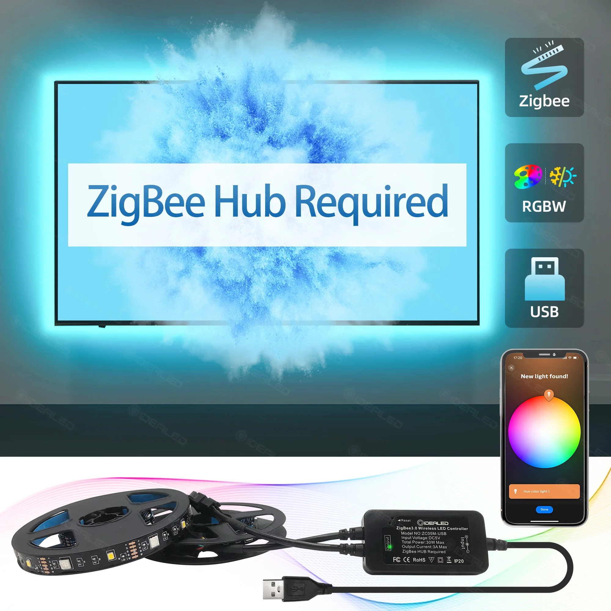 Продажа Светодиодная лента ZigBee для телевизора, 3,0 дюйма, USB, RGBW, 5 в пост. Тока