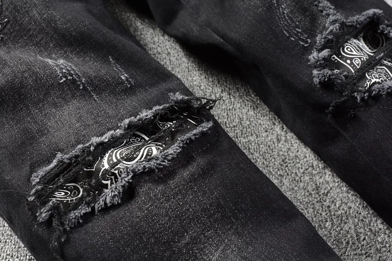 New Quality Men Black Distressed Skinny Stretch Pant Streetwear Tie Dye Bandana Patchwork Destroyed Slim Fit Denim Jeans Hombres