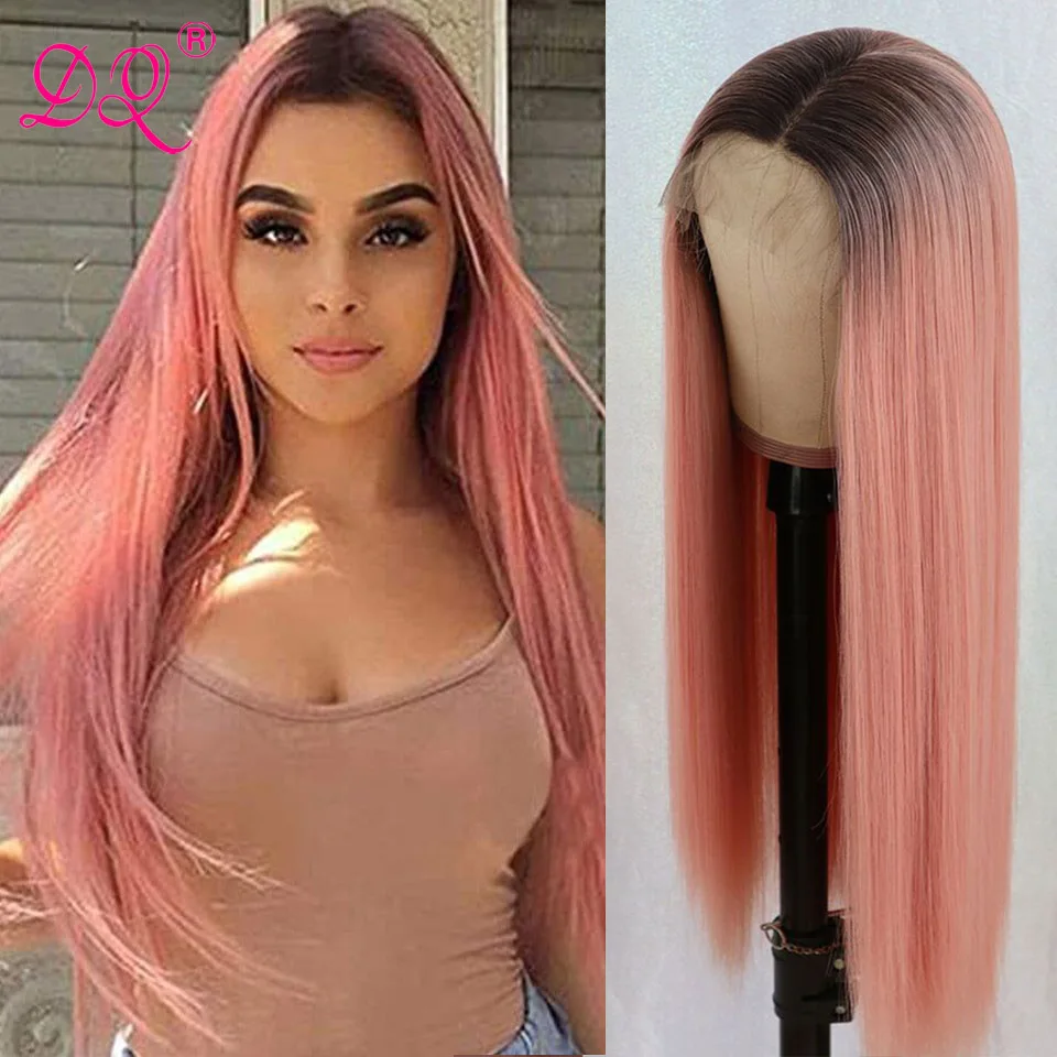 Long Ombre Pink Synthetic Wigs for Women Silky Straight Middle Part Cosplay Wigs Natural HairLline Hair Peach Vanilla Rose Color