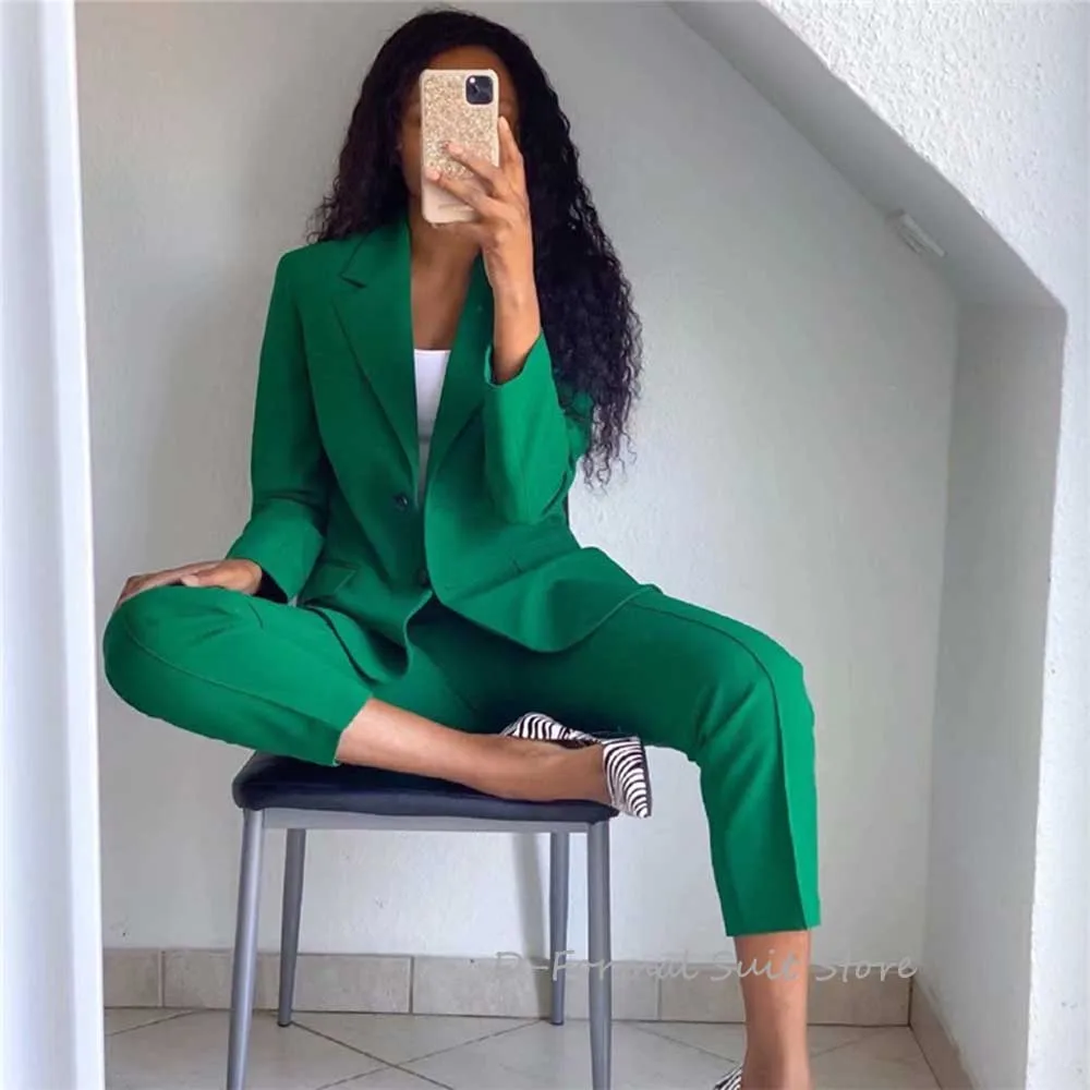 Woman's 2 Piece Vintage Green Loose Blazer Suits Fashion Female Streetwear Solid Matching Sets Ladies High Wasited Pants Suit