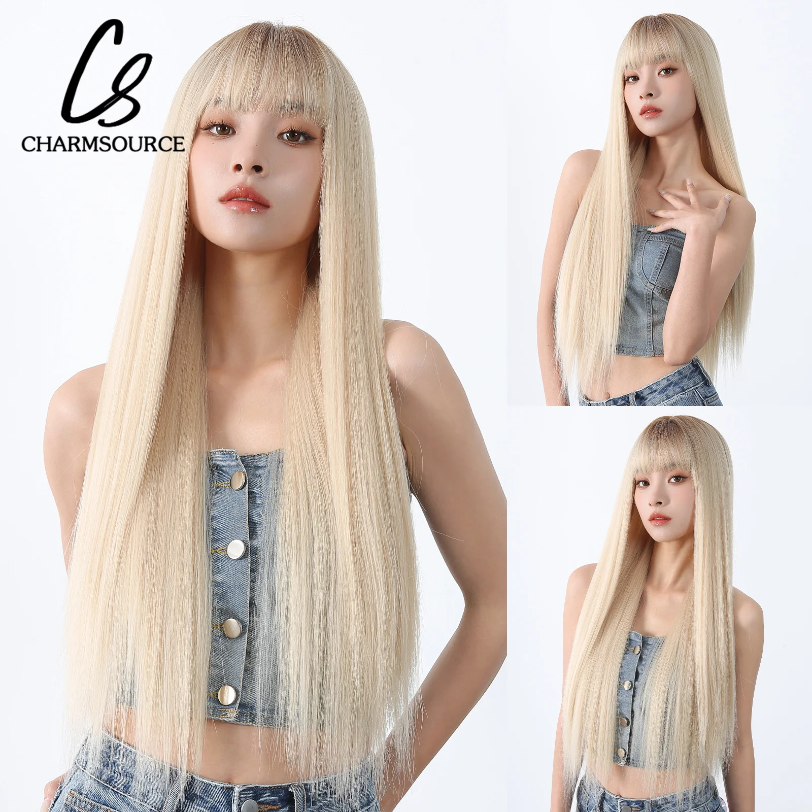 

Emmor White Platinum Blond Wigs for Woman Long Straight Wavy Wig with Bangs Daily Party Heat Resistant Fiber Synthetic Hair