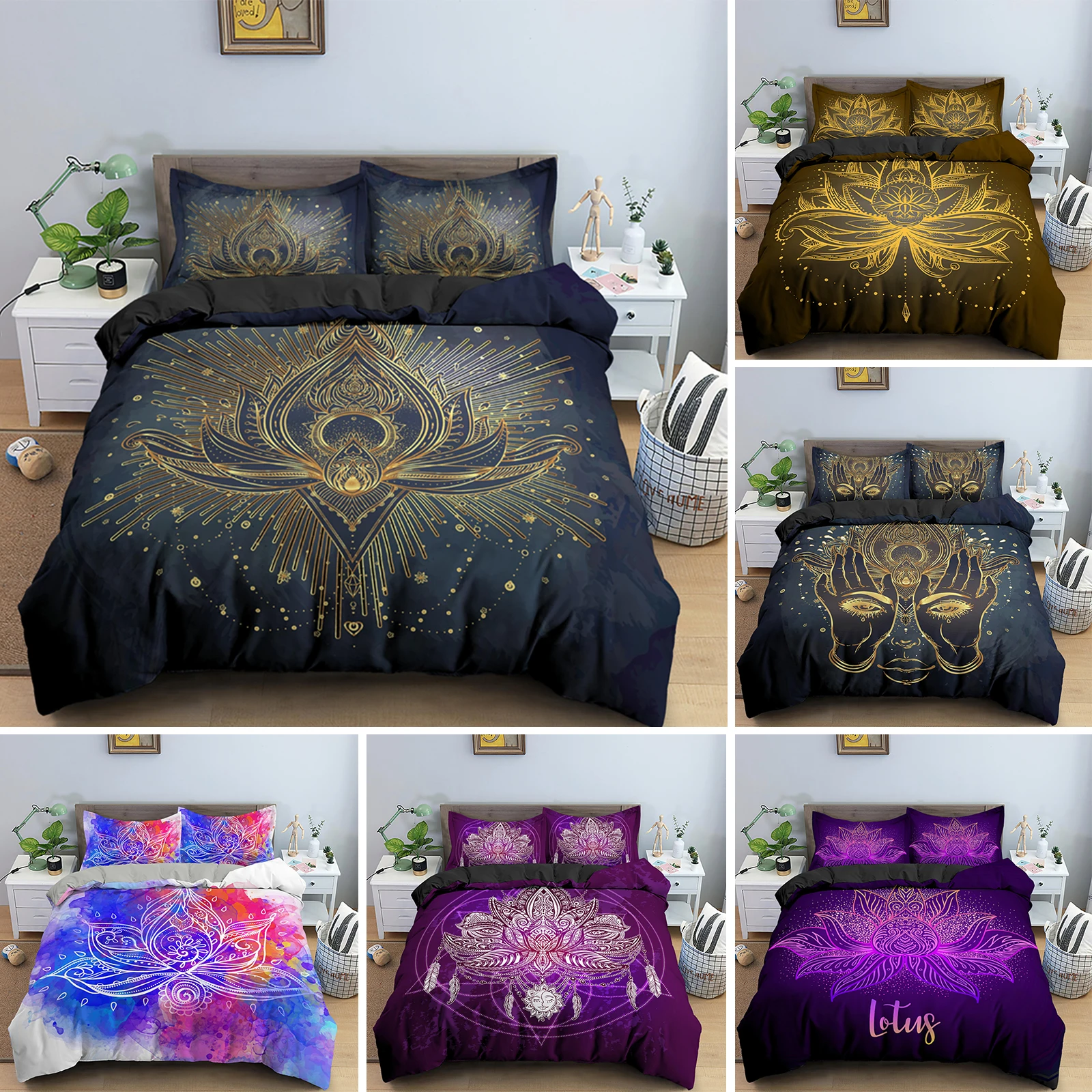 

Bohemian Lotus Black Mandala Flower Bedding Set For Boys Adults Kids Duvet Cover Bed Cover Single Queen King Double 3pcs Suit