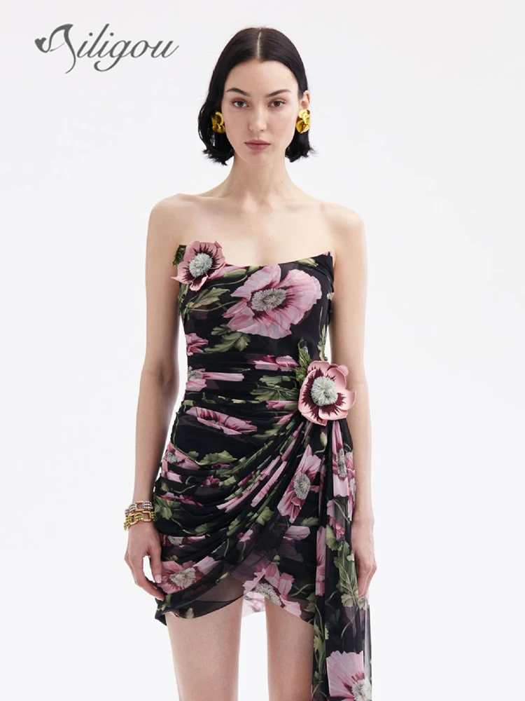 Новинка 2024 летнее женское платье Ailigou с 3D цветочным принтом без бретелек