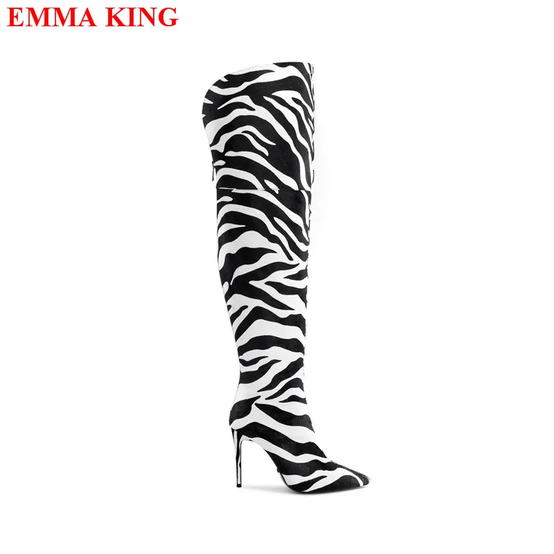

Sexy Female Zebra Over The Knee Boots Women 2022 Autumn Designer Pointed Toe Thigh High Boots High Heels Party Ladies Shoes