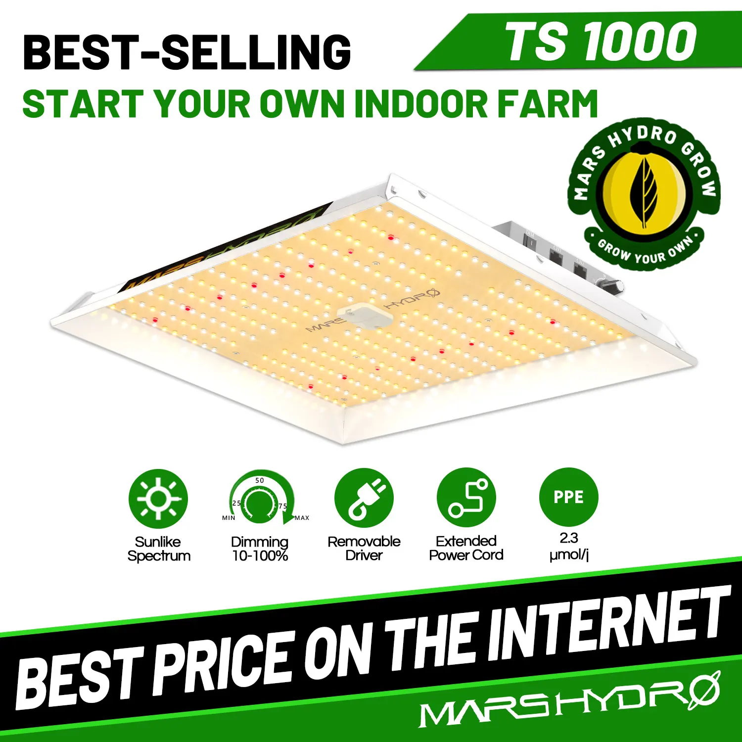 

Mars Hydro TS 1000W Dimmable Led Grow Light Full Spectrum Indoor Plant Hydroponic System with Grow Tent and Grow Lights Panel