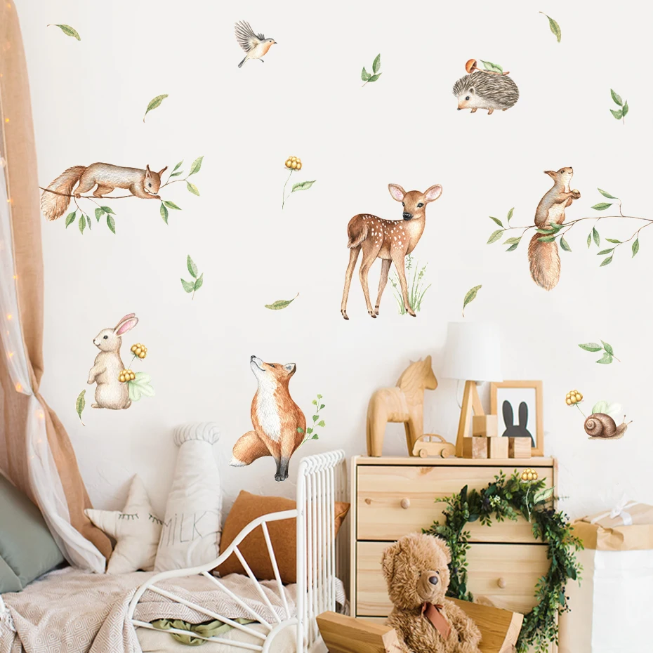 

Boho Caroon Cute Deer Rabbit Woodland Animals Leaf Watercolor Nursery Wall Decals Kids Room Girls Bedroom Sticker Home Decor