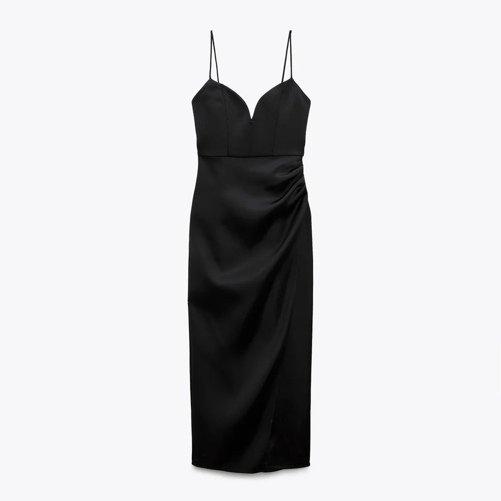 

PB&ZA 2022 Autumn New Women's Black Sexy Elegant Suspender Style High Waist Silk Satin Texture Midi Dress 9119331