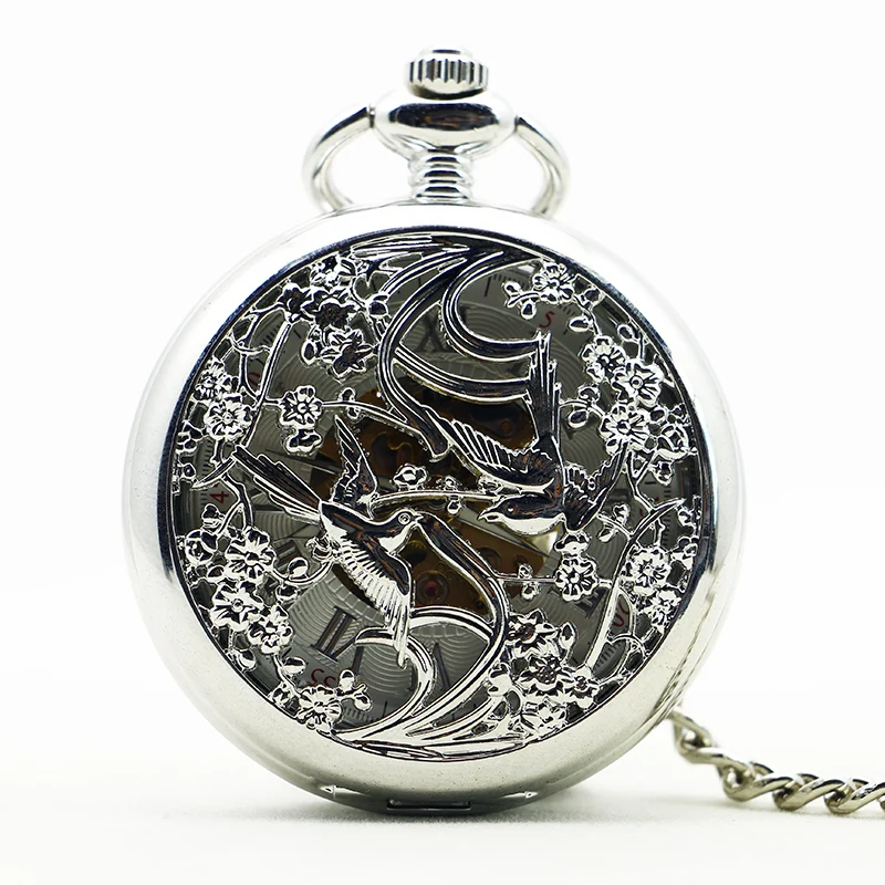 

High Quality Silver Skeleton Pocket Watches Mechanical For Men Women Hand-winding Pendant Watch Chain Clock relojes de bolsillo