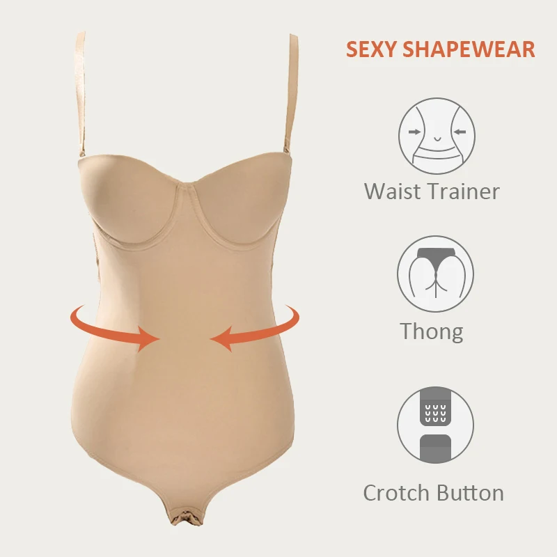 Burvogue S-3XL Sexy Backless Body Shaper Push Up Thong Bodysuit Shapewear Tummy Control Underwear Slimming Bodysuits with Bra