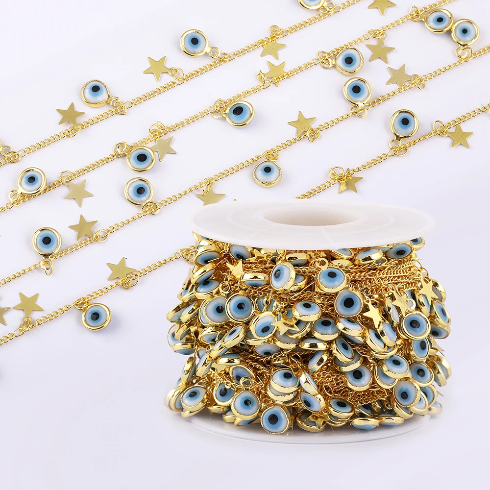 

New Copper Plated Gold Star Charms Chain For Necklace Bracelet Earring Evil Eye Beaded Chains Jewelry Findings Making Supplies