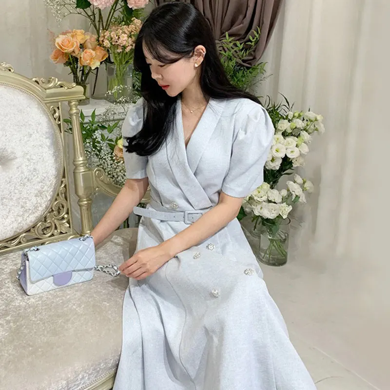 

Clothland Women Stylish Double Breasted Midi Dress Short Sleeve Belt Sashes Summer Office Wear Chic Dresses Vestido QB131