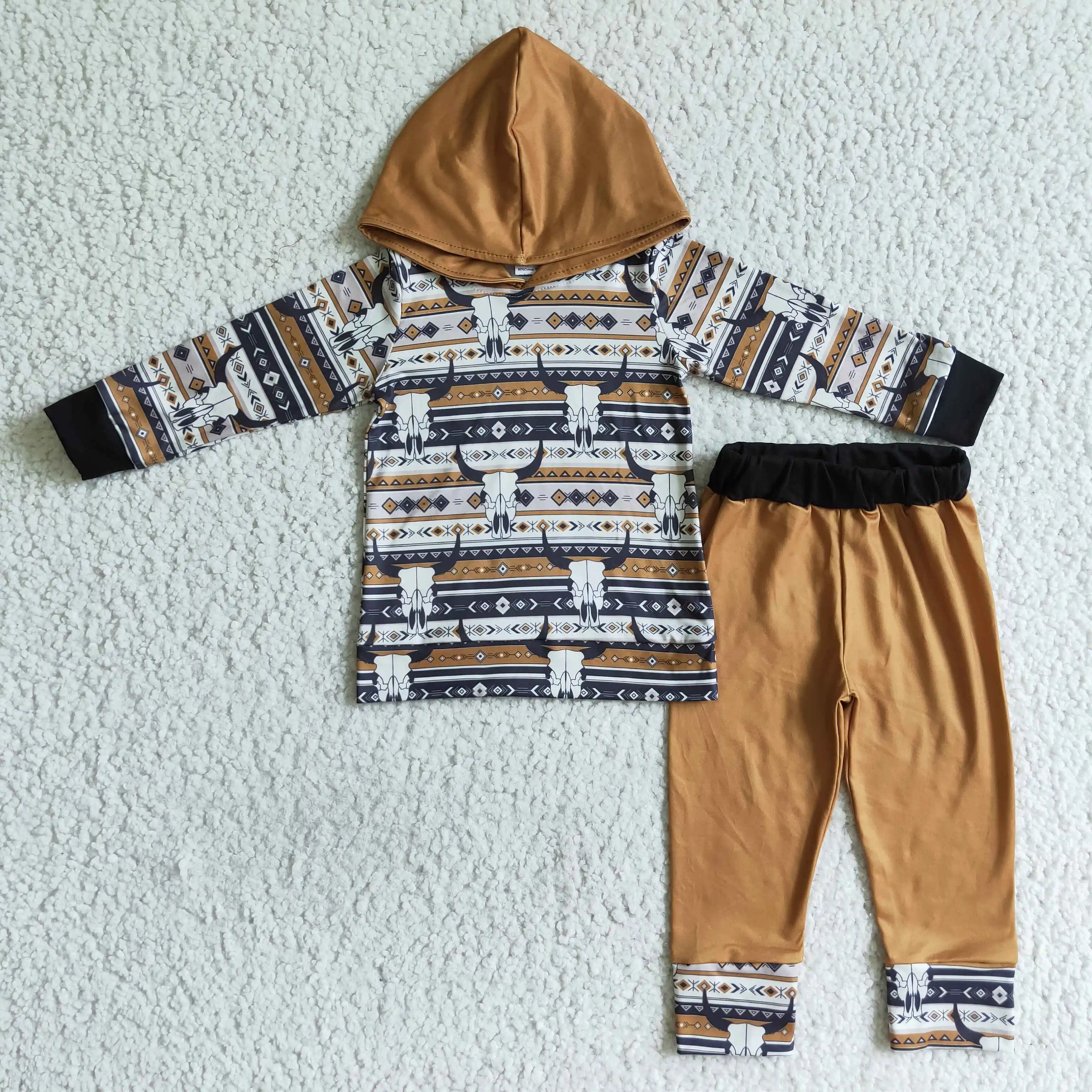 

2022 Children Clothing Set Aztec Long Sleeves Western Heifer Hoodies Top Baby Clothes Brown Pants Outfits Children Wear