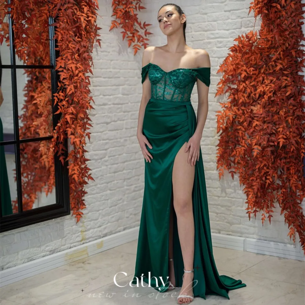 Купи Glitter Off The Shoulder Vestidos De Fiesta Elegant Silk Satin Party Dress Green Floor-length Prom Dresses Sexy Evening Dress за 4,752 рублей в магазине AliExpress