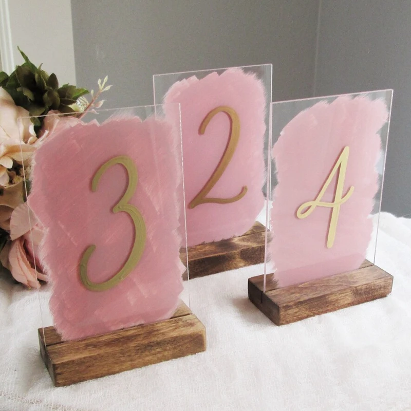 

Custom Colors Wedding Table Numbers Plexiglass Table Sign Hand Painted Calligraphy Numbers with Wooden Stand Wedding Signage
