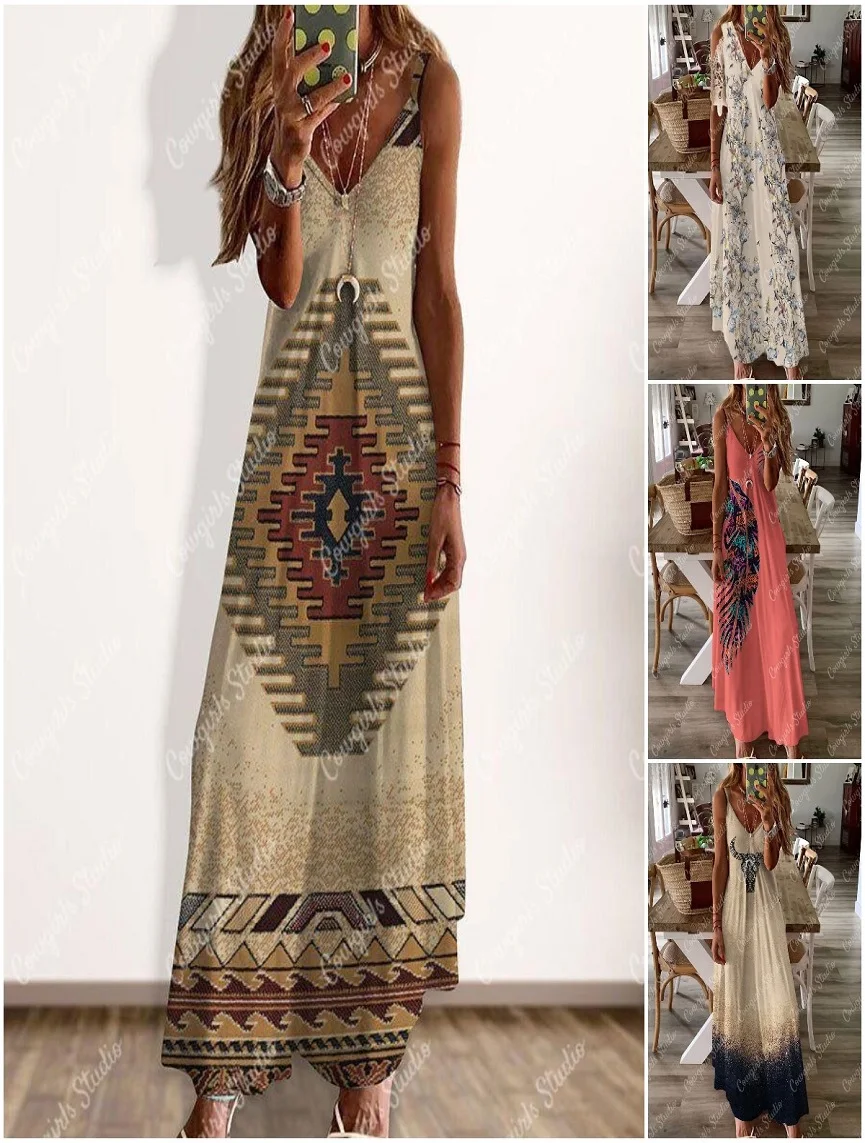 

Women dresses women 2022 Retro Ethnic Print Casual Elegant Sexy V-Neck Gold Long Dress Beautyful Elegant Fashion Evening D